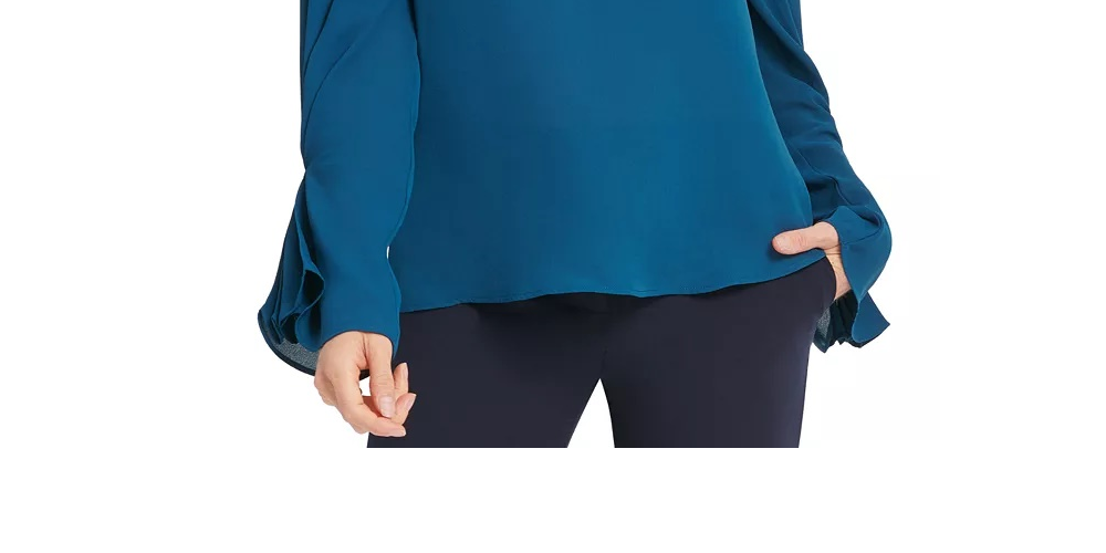 DKNY Women's Pleated-Sleeve Blouse Blue Size XX-Large