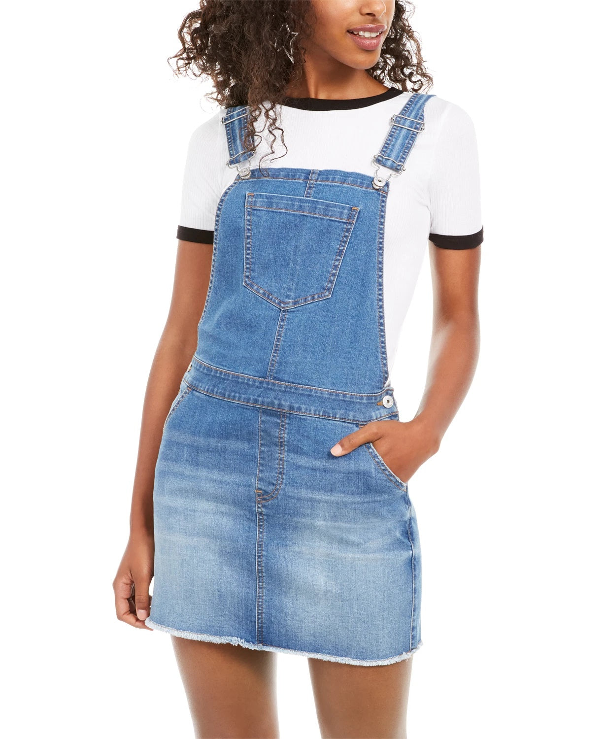 Vanilla Star Junior's Frayed Hem Overalls Dress Medium Blue Size 9