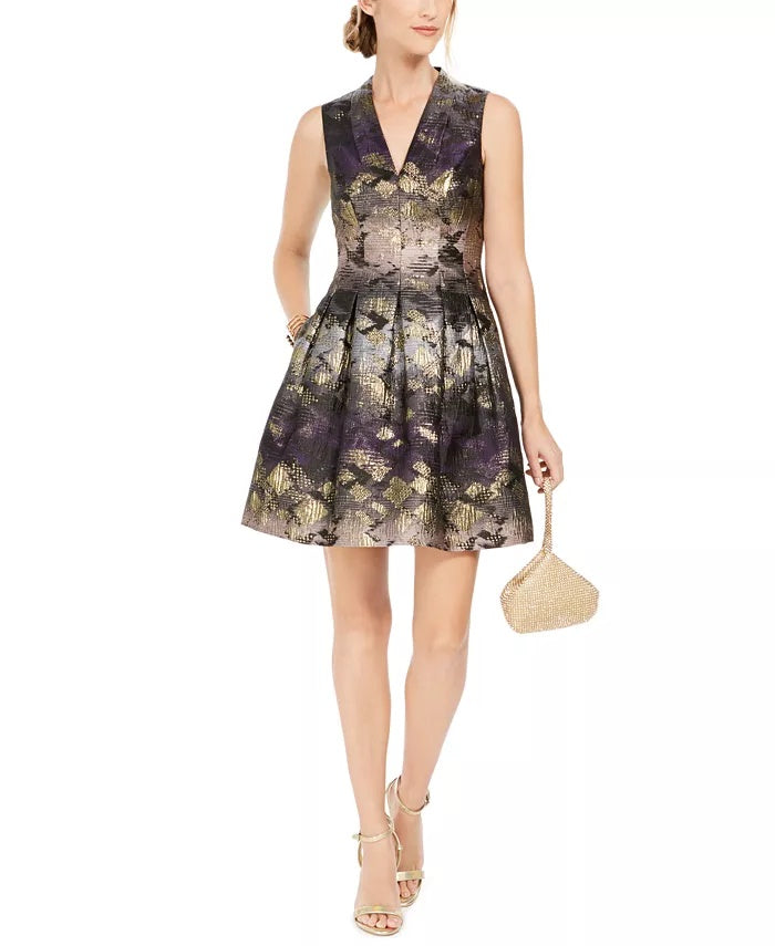 Vince Camuto Women's Metallic Jacquard Fit & Flare Dress Charcoal Size 4
