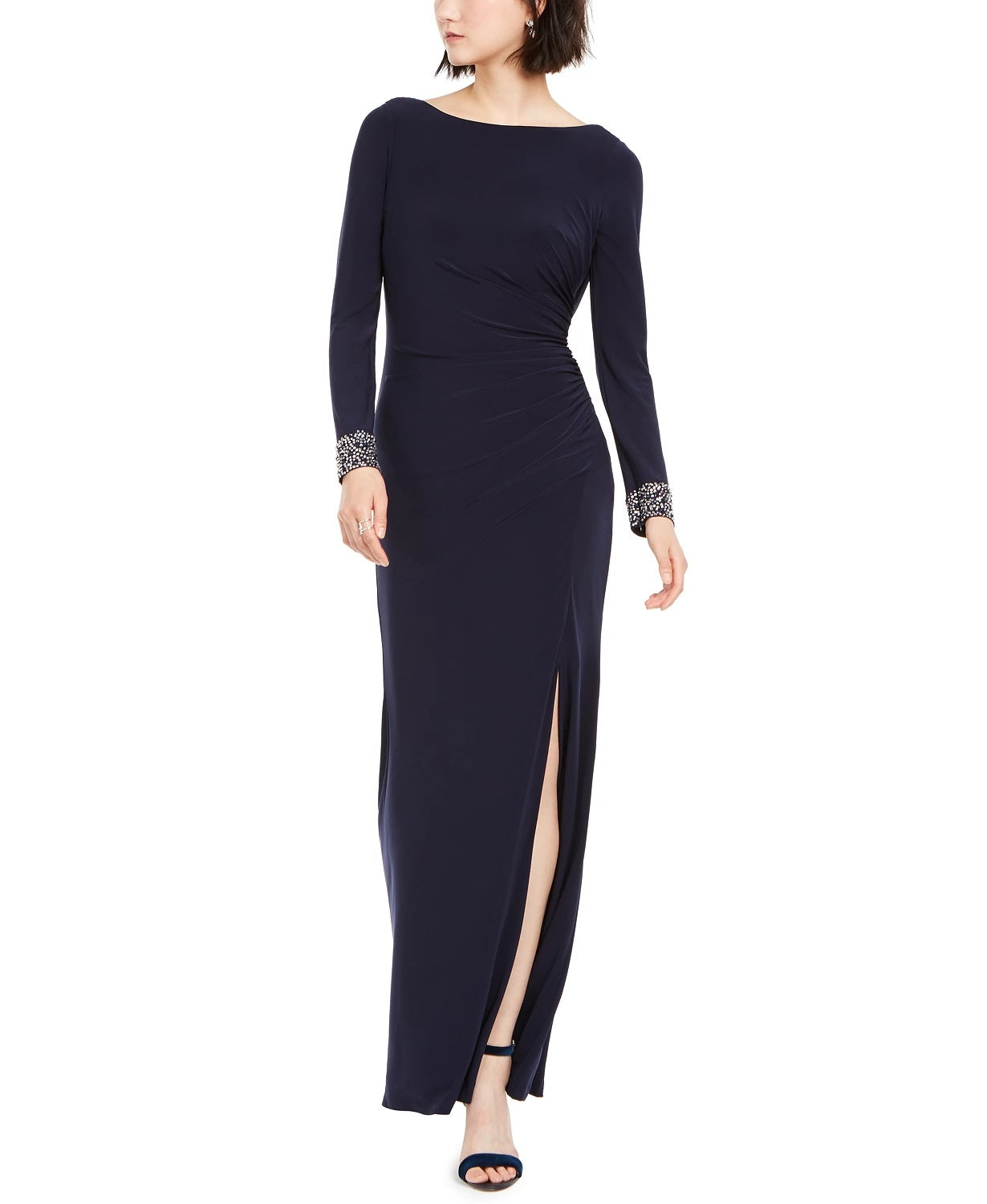 Vince Camuto Women's Embellished Draped Back Gown Navy Size 8
