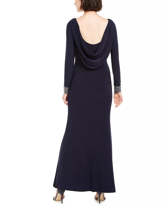 Vince Camuto Women's Embellished Draped Back Gown Navy Size 8
