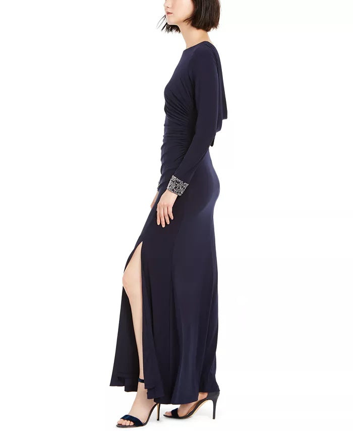 Vince Camuto Women's Embellished Draped Back Gown Navy Size 8