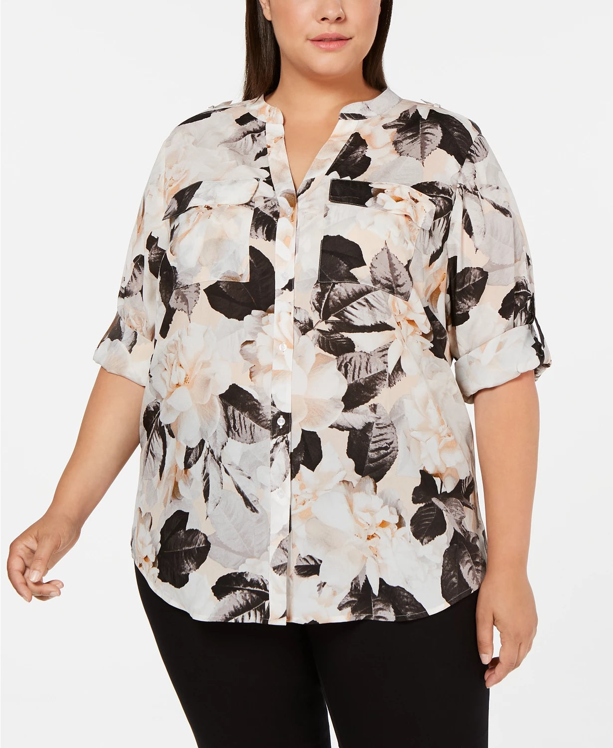 Calvin Klein Women's Plus Size Printed Roll-Tab Top Gray Size 3X