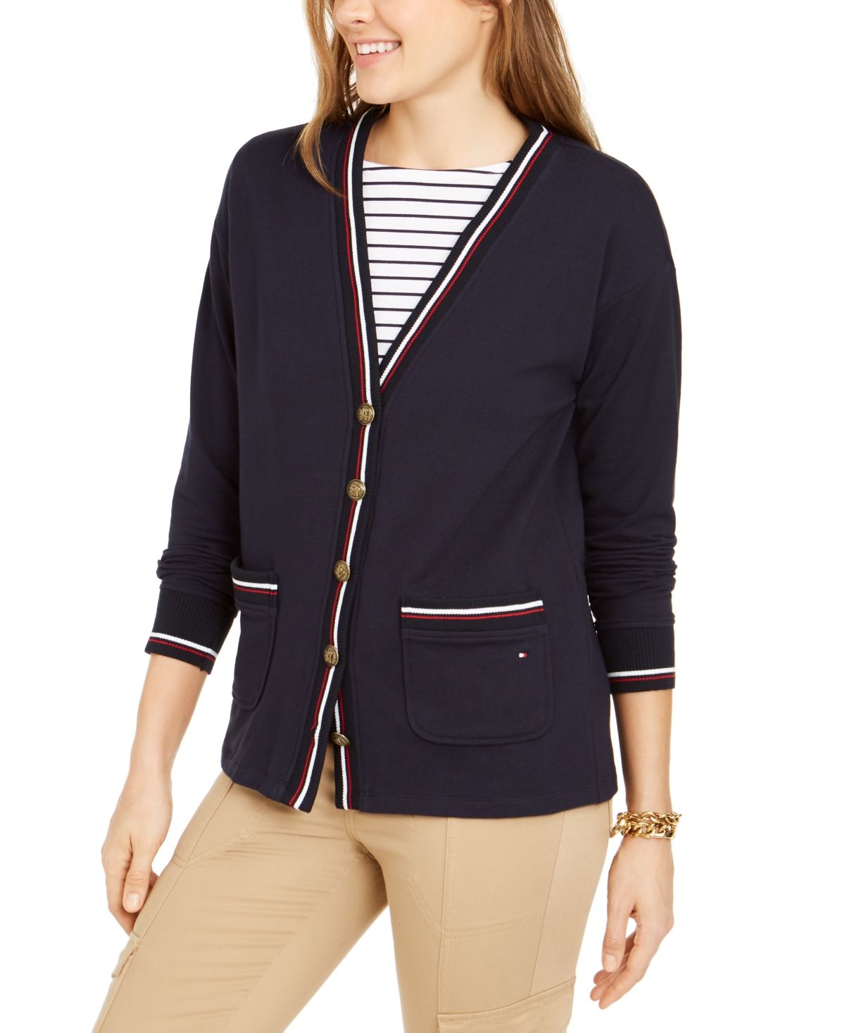 Tommy Hilfiger Women's Striped Trim Cardigan Navy Size 1X