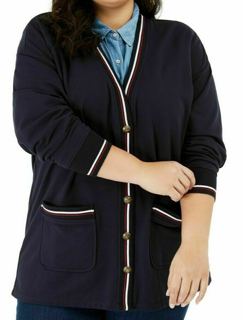 Tommy Hilfiger Women's Striped Trim Cardigan Navy Size 1X