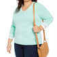 Tommy Hilfiger Women's Plus Size Cotton V-Neck Pullover Sweater Green Size 2X