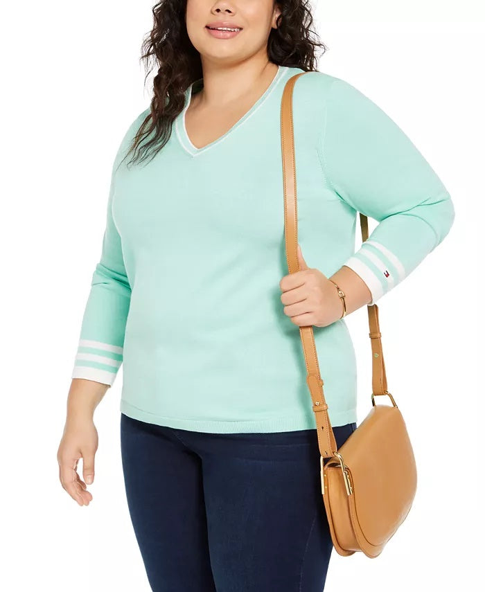 Tommy Hilfiger Women's Plus Size Cotton V-Neck Pullover Sweater Green Size 2X