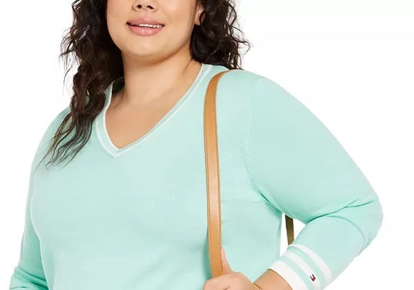 Tommy Hilfiger Women's Plus Size Cotton V-Neck Pullover Sweater Green Size 2X