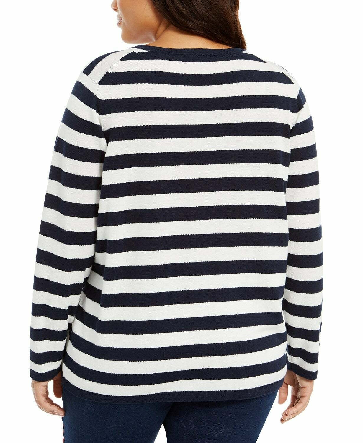 Tommy Hilfiger Women's Plus Size Ivy Striped Logo Sweater Blue Size 2X