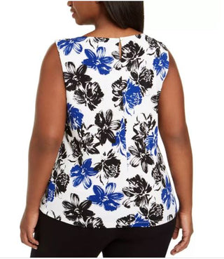 Calvin Klein Women's Floral Pleat Neck Top Blue Size 1X