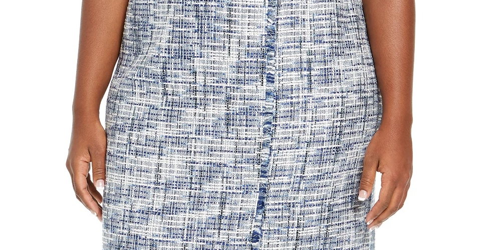 Calvin Klein Women's Tweed Fringe Trim Pencil Skirt Blue Size 18W