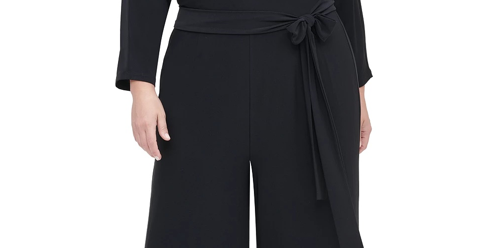 Tommy Hilfiger Women's Plus Size Surplice Wide-Leg Jumpsuit Black Size 18W