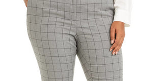 Calvin Klein Women's Plus Size Belted Windowpane-Print Slim-Leg Pants Gray Size 18W