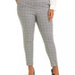 Calvin Klein Women's Plus Size Belted Windowpane-Print Slim-Leg Pants Gray Size 24W