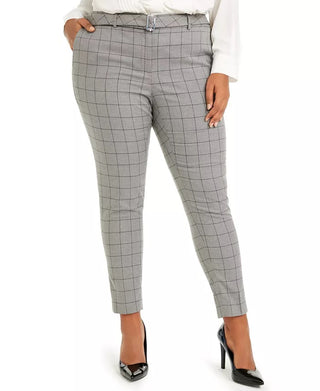 Calvin Klein Women's Plus Size Belted Windowpane-Print Slim-Leg Pants Gray Size 24W