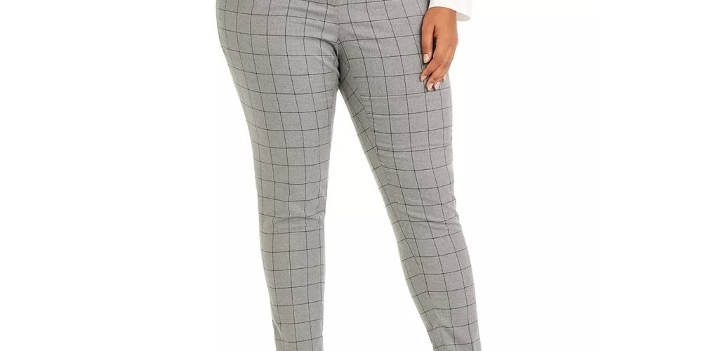 Calvin Klein Women's Plus Size Belted Windowpane-Print Slim-Leg Pants Gray Size 24W