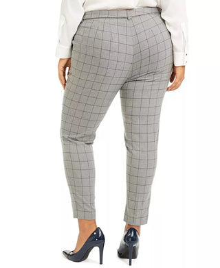 Calvin Klein Womne's Plus Size Belted Windowpane-Print Slim-Leg Pants Gray Size 20W
