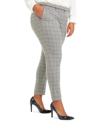 Calvin Klein Womne's Plus Size Belted Windowpane-Print Slim-Leg Pants Gray Size 20W