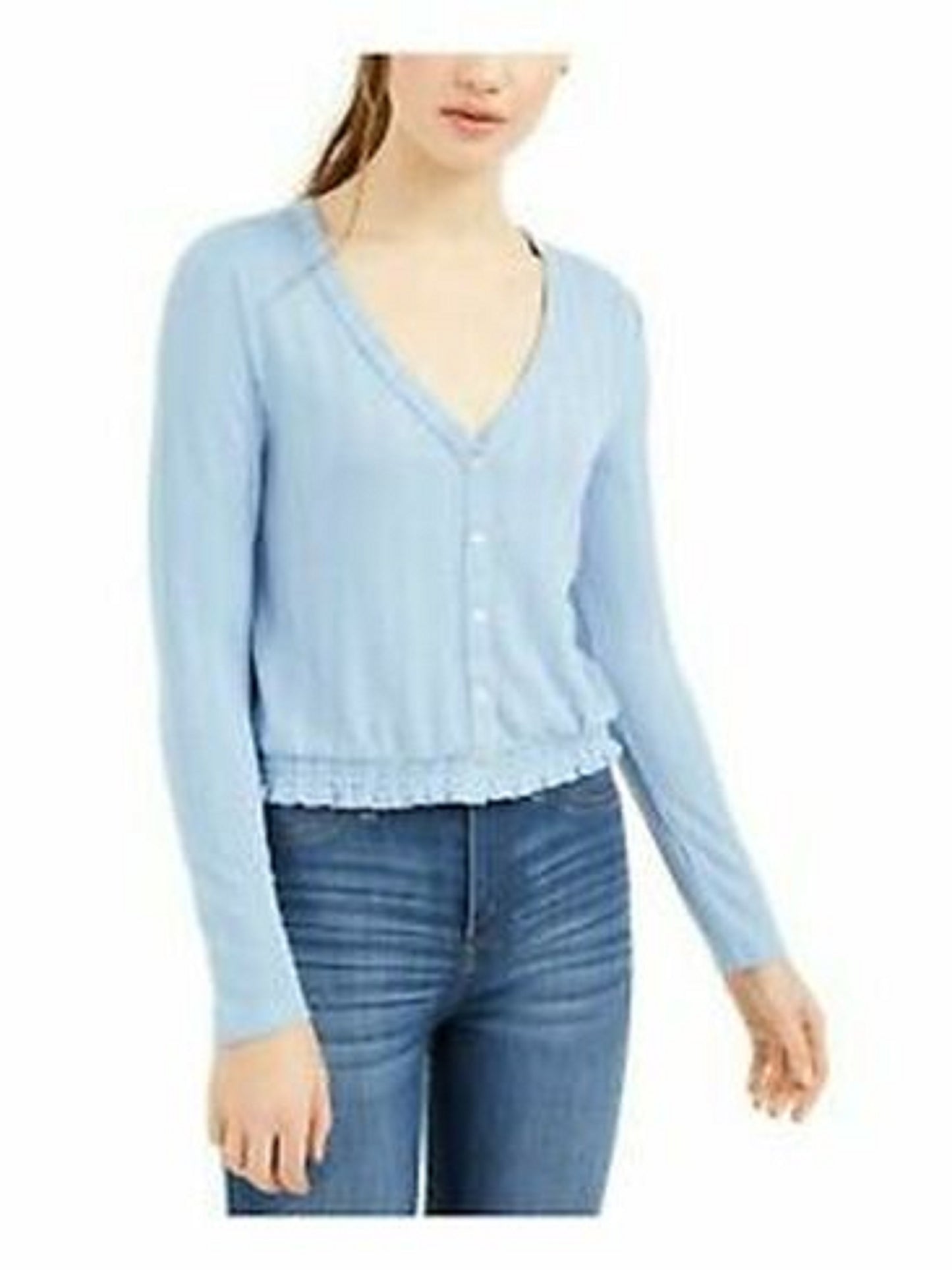 Self Esteem Juniors' V-Neck Pointelle Top Blue Size Small