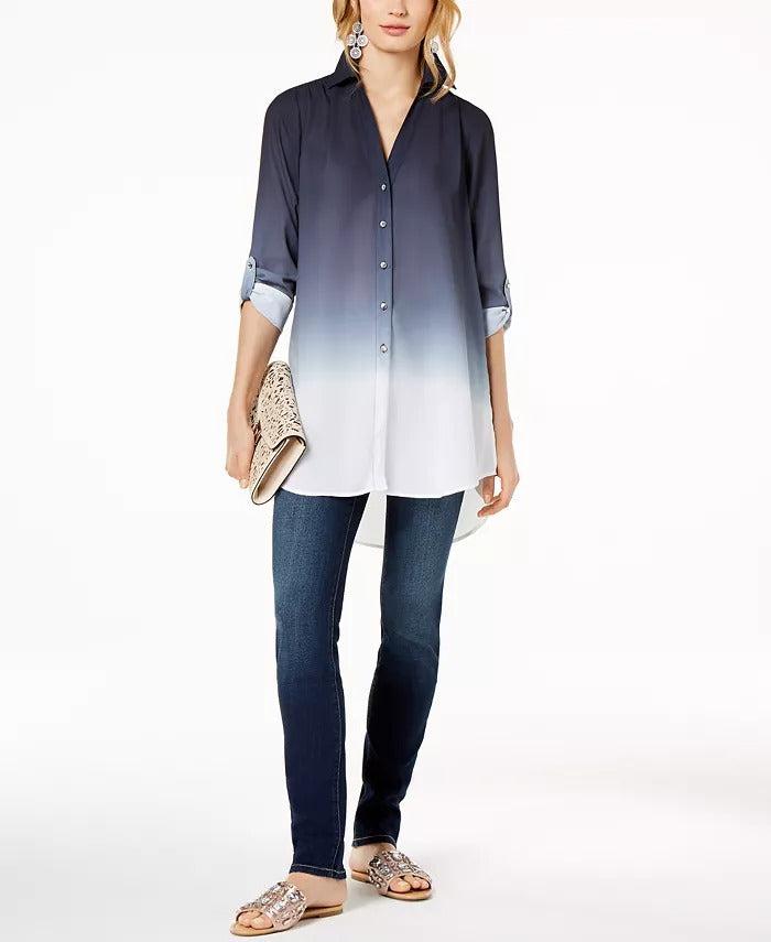 INC International Concepts Women's Dip Dyed Button Front Tunic Navy Size Small