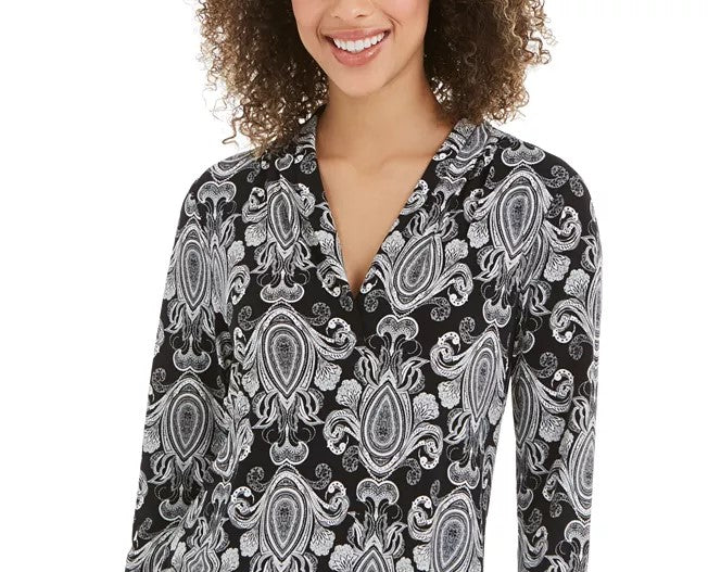 Charter Club Women's Printed V-Neck Top Black Size Medium