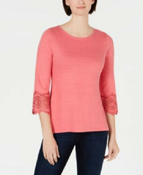 Charter Club Women's Cotton Lace-Trim Top Dark Pink Size Small