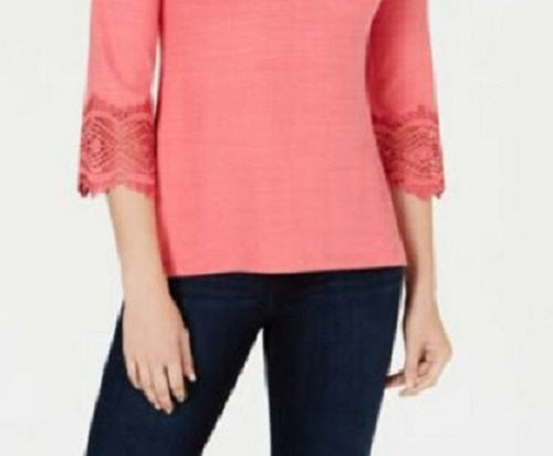 Charter Club Women's Cotton Lace-Trim Top Dark Pink Size Small