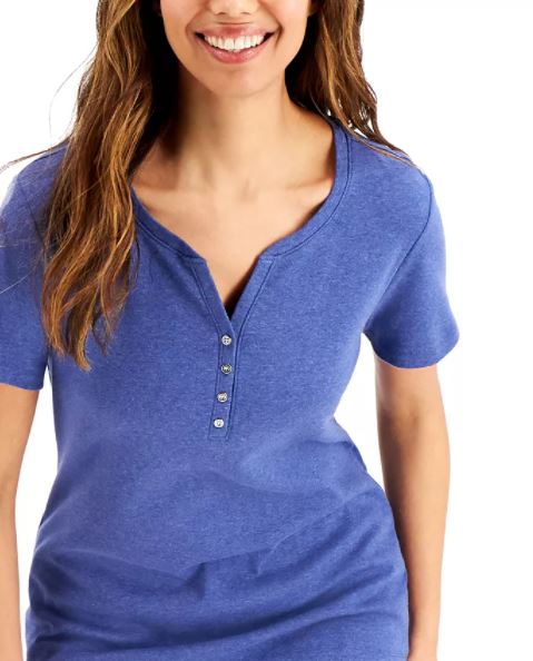 Karen Scott Women's Short Sleeve Henley Top Turq Aqua Size Large