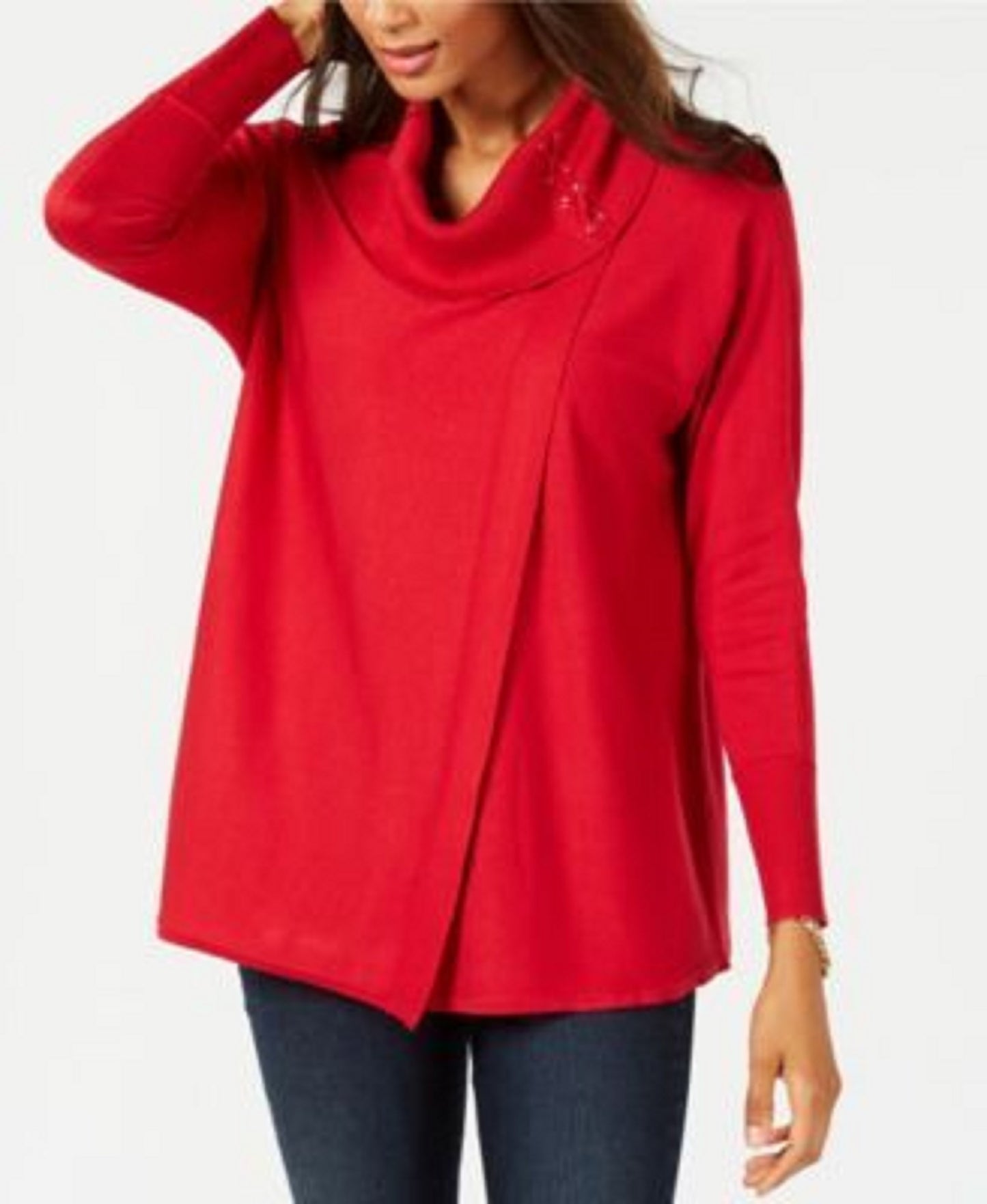 JM Women's Collection Faux-Wrap Cowl-Neck Sweater Red Size XX-Large