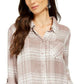 Style & Co Women's Sparkle Plaid Shirt Beige Size Large