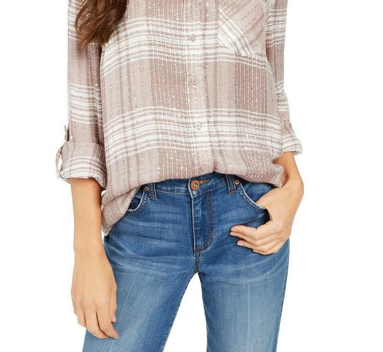 Style & Co Women's Sparkle Plaid Shirt Beige Size Large