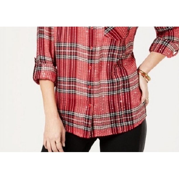 Style & Co Women's Sparkle Plaid Shirt Mediun Red Size Small