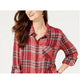Style & Co Women's Sparkle Plaid Shirt Mediun Red Size Small