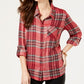 Style & Co Women's Sparkle Plaid Shirt Mediun Red Size Small
