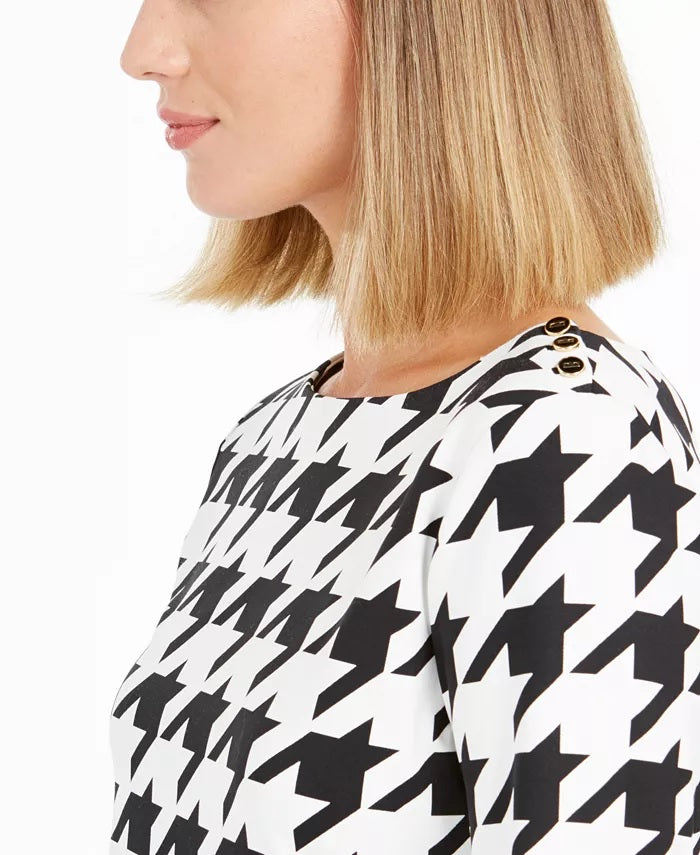 Charter Club Women's Petite Button-Shoulder Houndstooth Top Black Size Petite