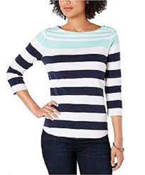 Charter Club Women's Pima Cotton Button-Shoulder Stripe Top Blue Size Small