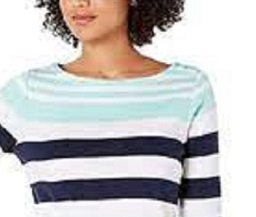 Charter Club Women's Pima Cotton Button-Shoulder Stripe Top Blue Size Small