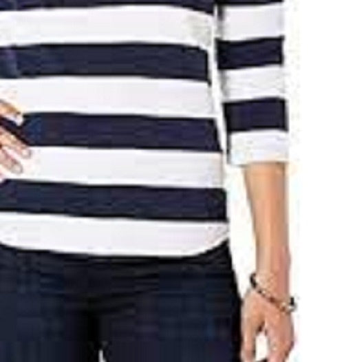 Charter Club Women's Pima Cotton Button-Shoulder Stripe Top Blue Size Small