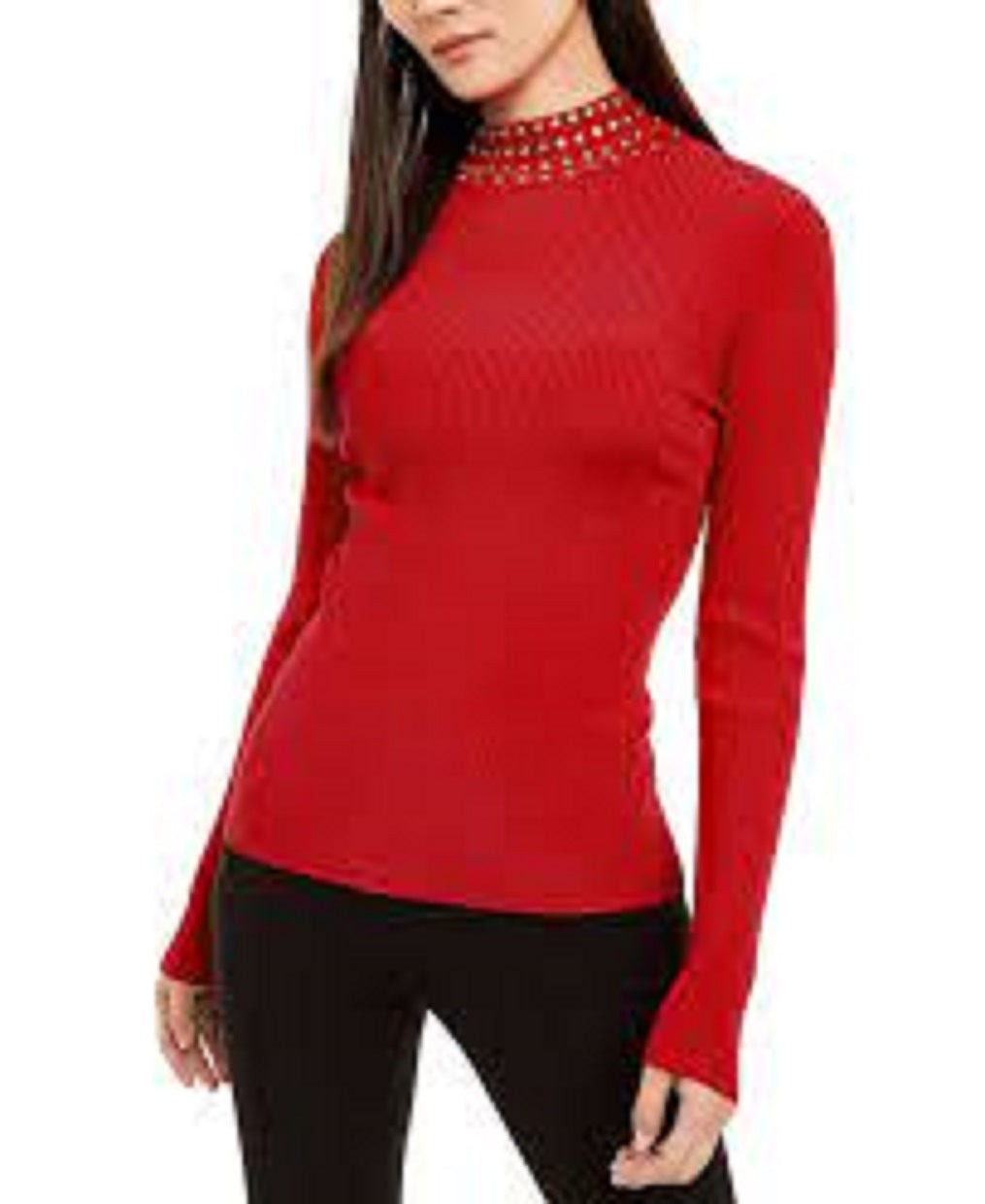 INC International Concepts Women's Embellished Ribbed-Knit Turtleneck Red Size Small