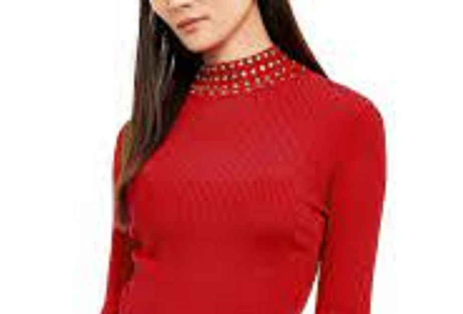 INC International Concepts Women's Embellished Ribbed-Knit Turtleneck Red Size Small