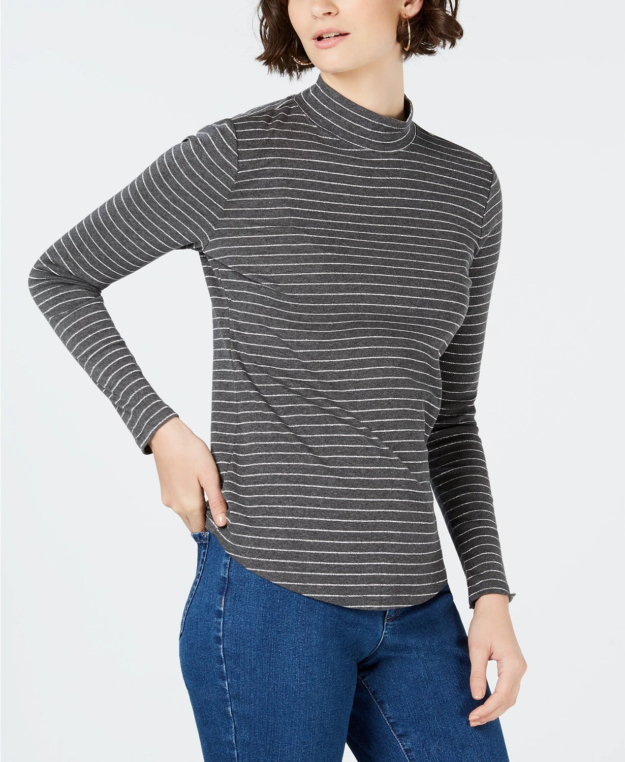 Charter Club Women's Cotton Striped Mock Neck T-Shirt Grey Size Large