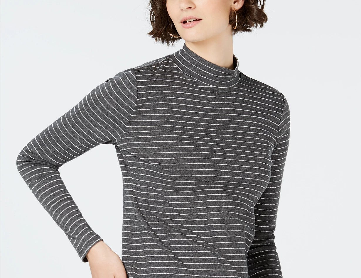 Charter Club Women's Cotton Striped Mock-Neck T-Shirt Dark Gray Size Medium