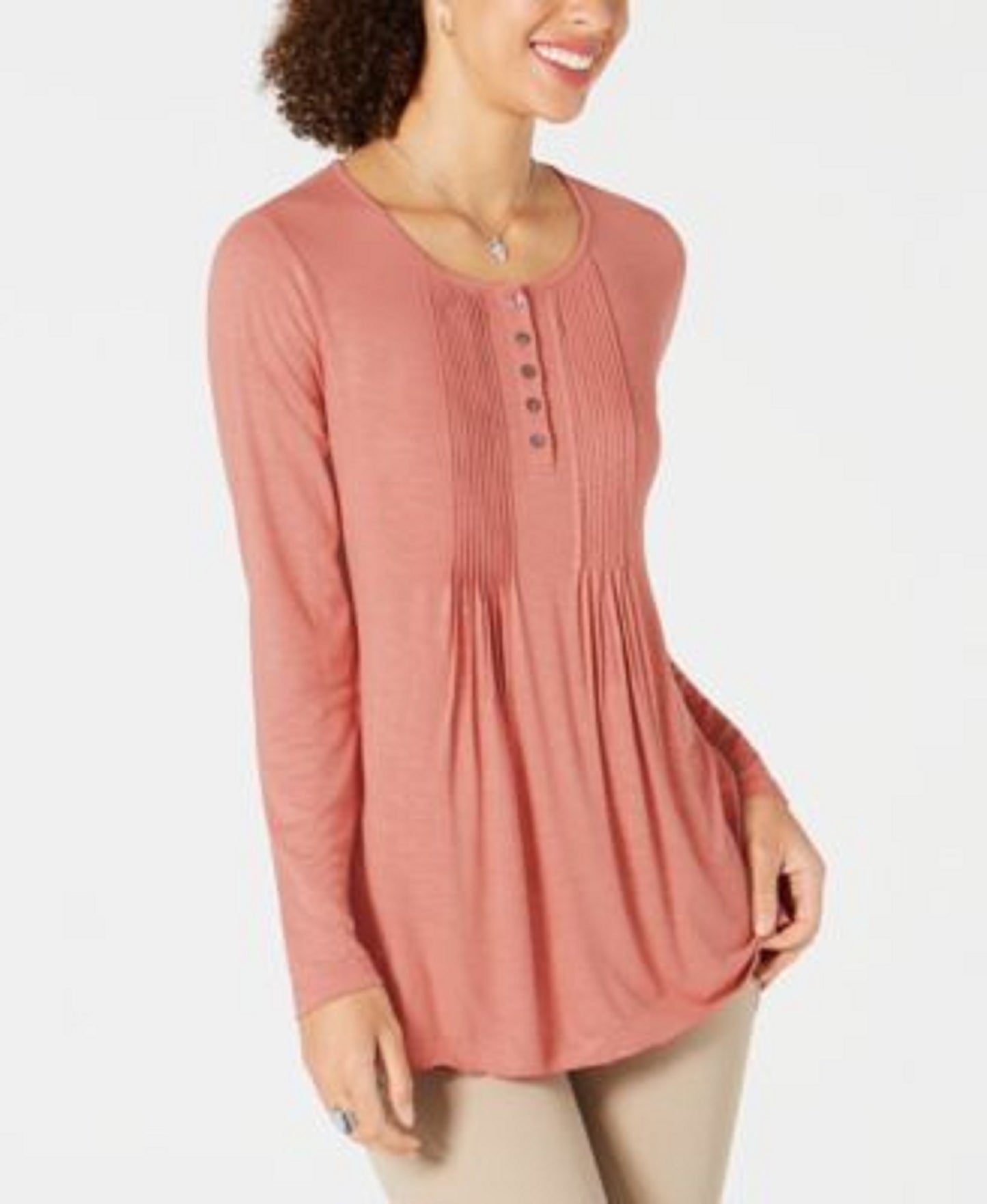Style & Co Women's Long-Sleeve Pintuck Top Pink Size Medium