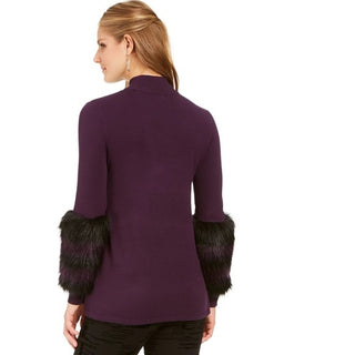 Alfani Women's Petite Faux-Fur Trim Sweater Purple Size Medium