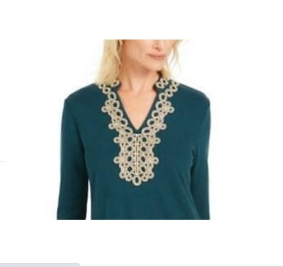 Charter Club Women's Lace Trim Tunic Top Green Size Small
