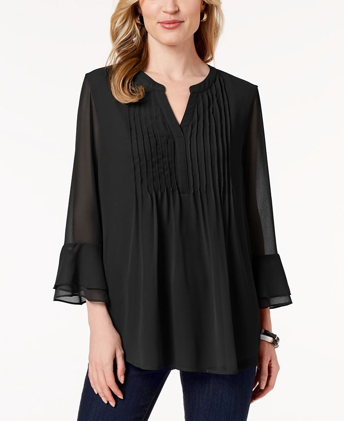 Charter Club Women's Double-Ruffle Textured Pintuck Top Black Size Medium