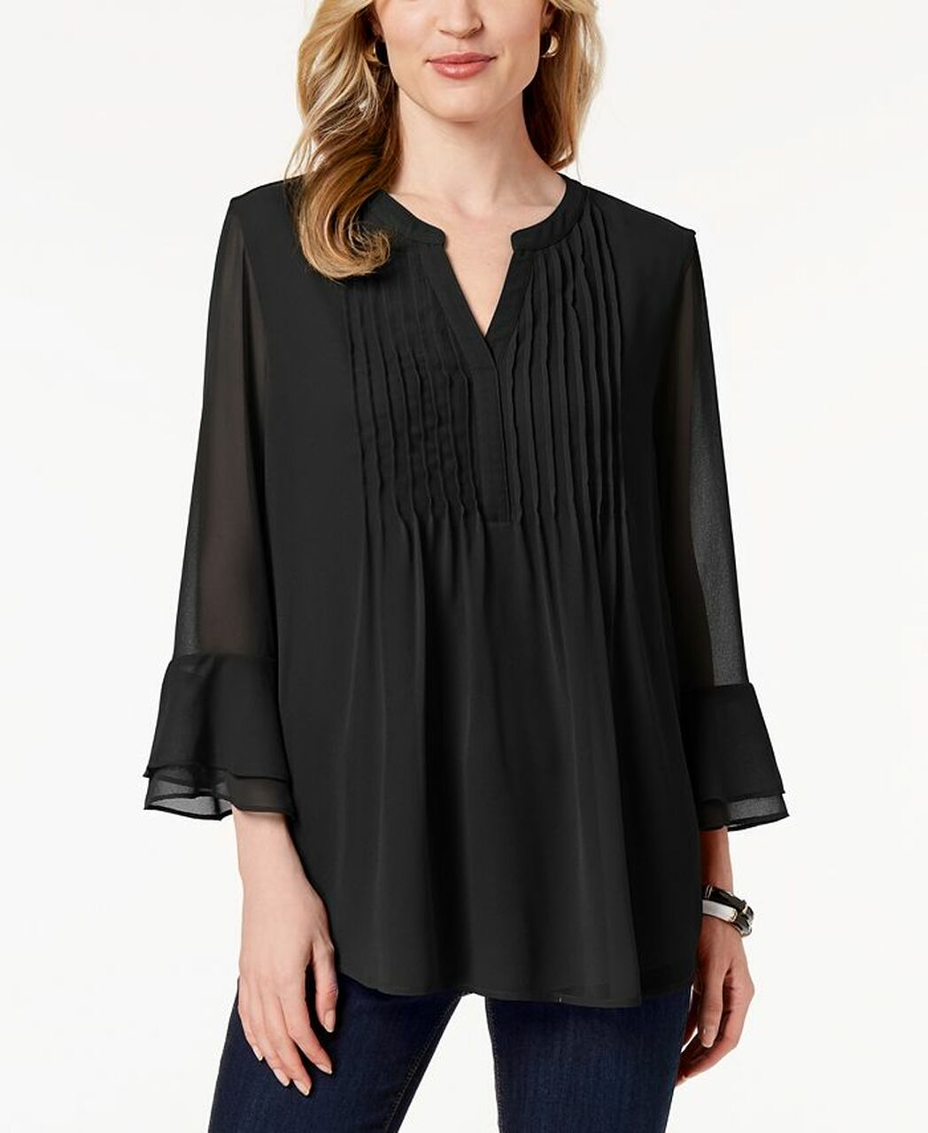Charter Club Women's Double-Ruffle Textured Pintuck Top Black Size Small