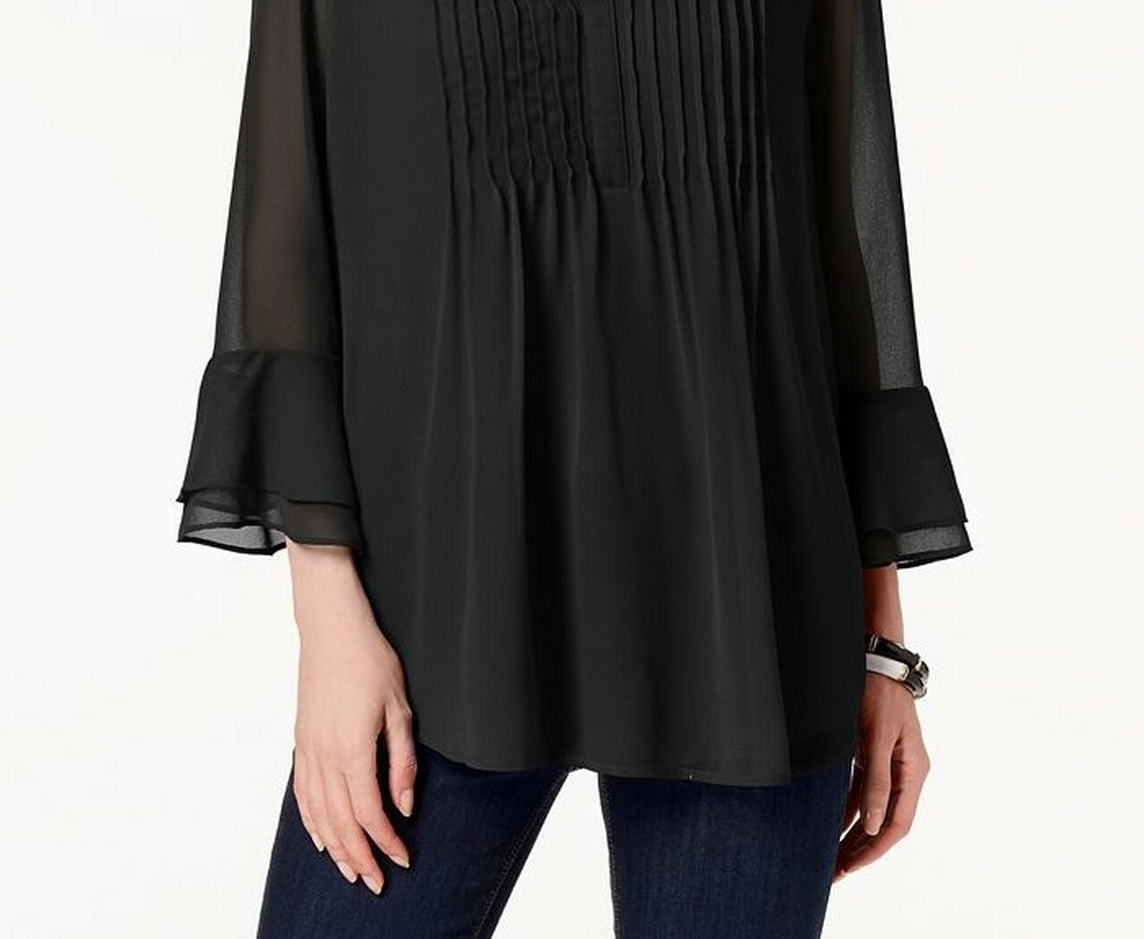 Charter Club Women's Double-Ruffle Textured Pintuck Top Black Size Small