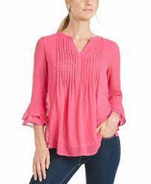 Charter Club Women's Double-Ruffle Textured Pintuck Top Dark Pink Size Small
