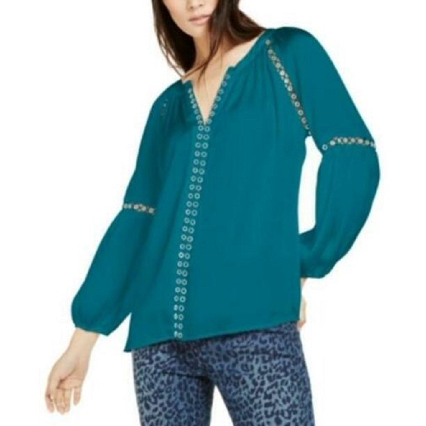 INC International Concepts Women's Grommet-Trim Peasant Blouse Green Size X-Large